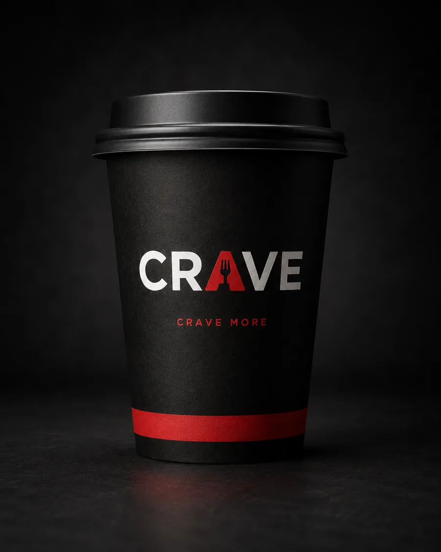 CRAVE branded takeaway packaging for Coffee & hot