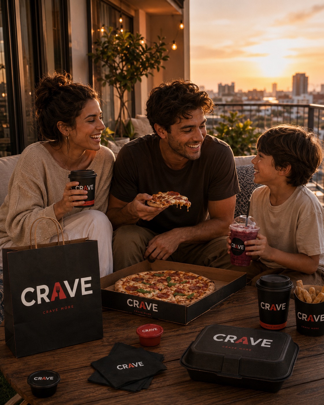 A family sharing CRAVE food on a balcony