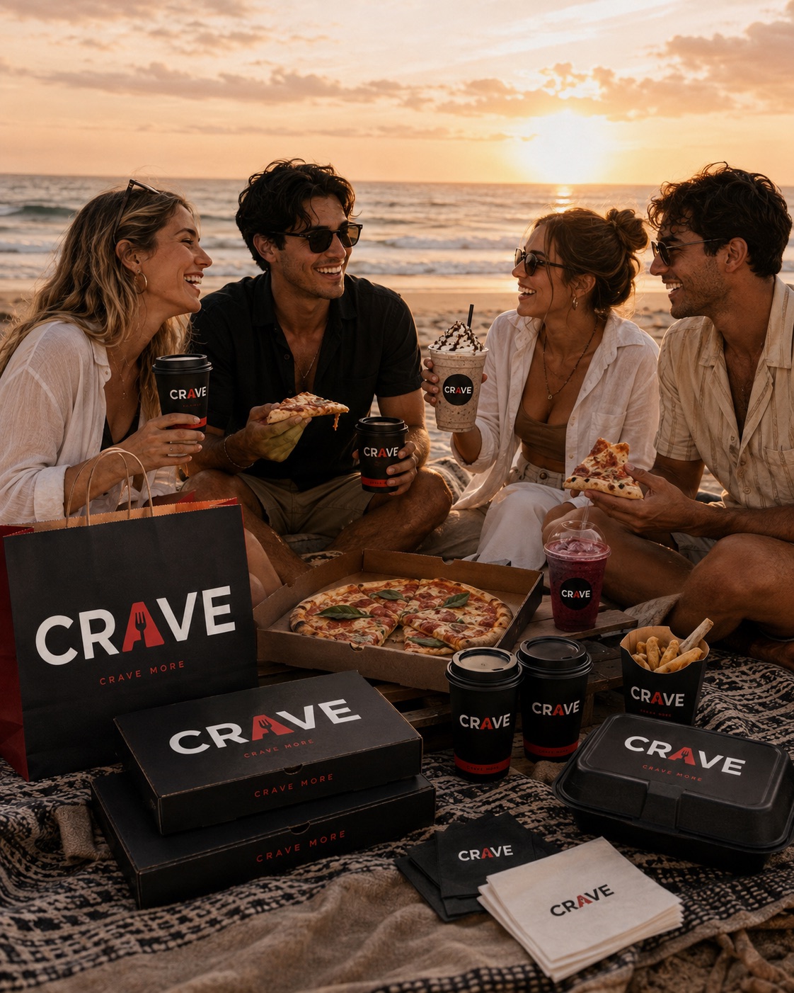 Friends sharing a CRAVE takeaway on the beach