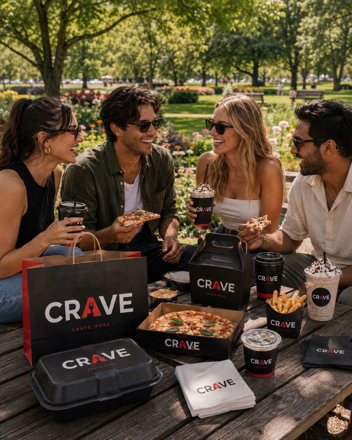 Friends enjoying CRAVE food and drinks in a Jersey garden