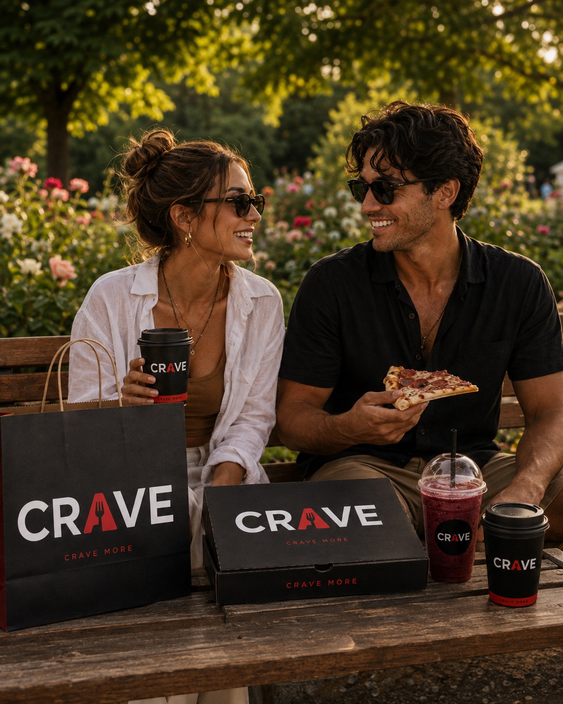 A couple enjoying a CRAVE picnic in the park